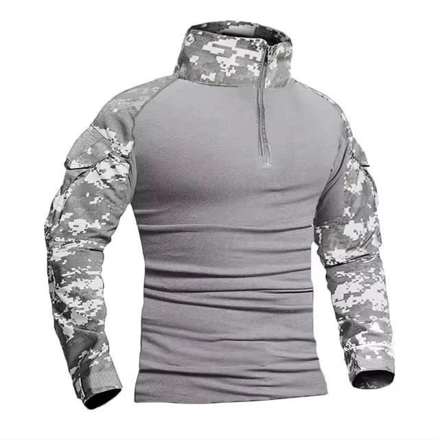 Men's Long Sleeve Camo Tactical T-Shirt — Elastic Zip Pocket Gym Shirt