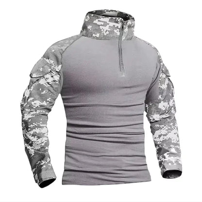 Men's Long Sleeve Camo Tactical T-Shirt — Elastic Zip Pocket Gym Shirt