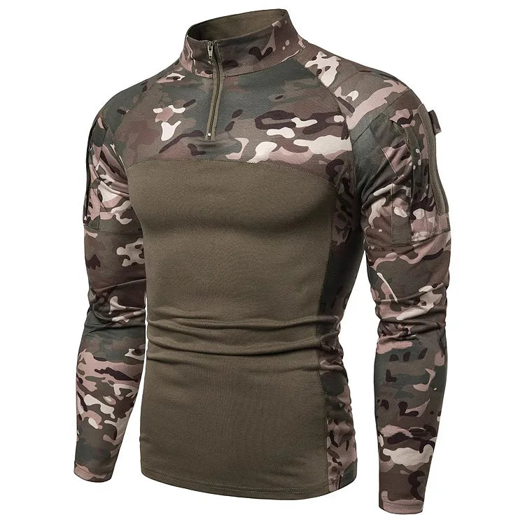 Men's Long Sleeve Camo Tactical T-Shirt, elastic Zip Pocket Gym Shirt