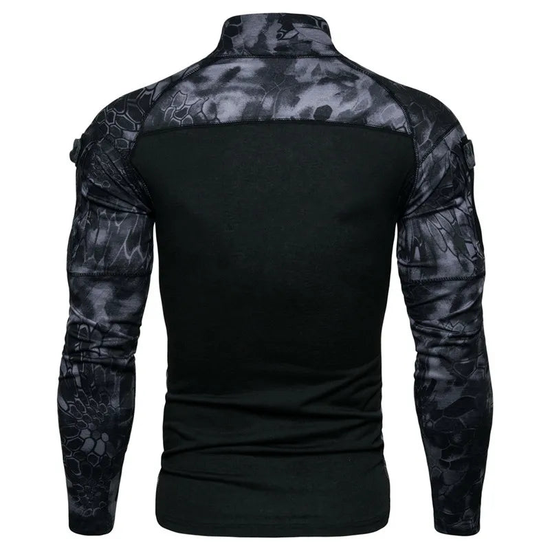 Men's Long Sleeve Camo Tactical T-Shirt, elastic Zip Pocket Gym Shirt