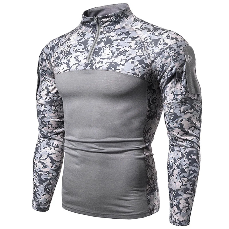 Men's Long Sleeve Camo Tactical T-Shirt, elastic Zip Pocket Gym Shirt