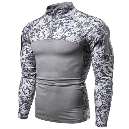 Men's Long Sleeve Camo Tactical T-Shirt, elastic Zip Pocket Gym Shirt