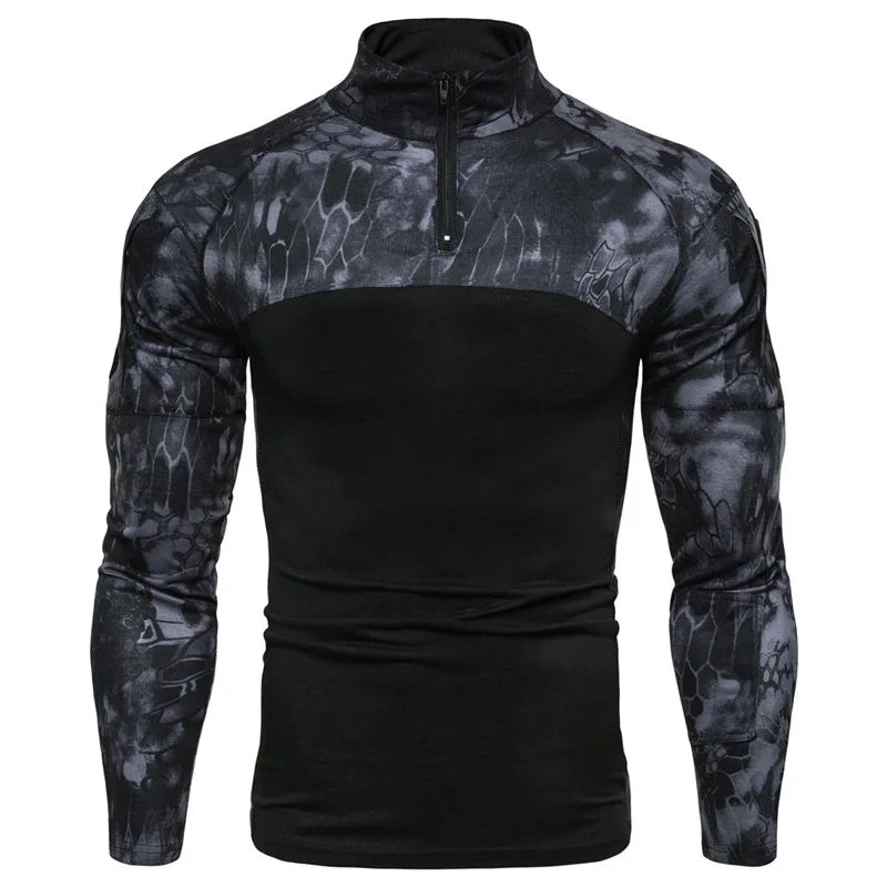 Men's Long Sleeve Camo Tactical T-Shirt, elastic Zip Pocket Gym Shirt