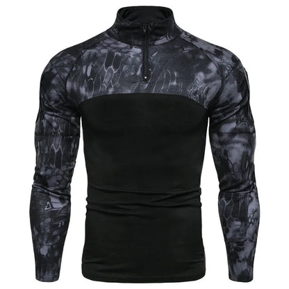 Men's Long Sleeve Camo Tactical T-Shirt, elastic Zip Pocket Gym Shirt