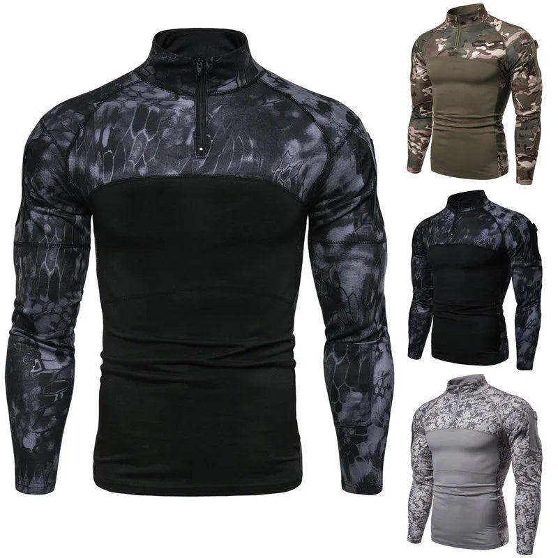 Men's Long Sleeve Camo Tactical T-Shirt, elastic Zip Pocket Gym Shirt