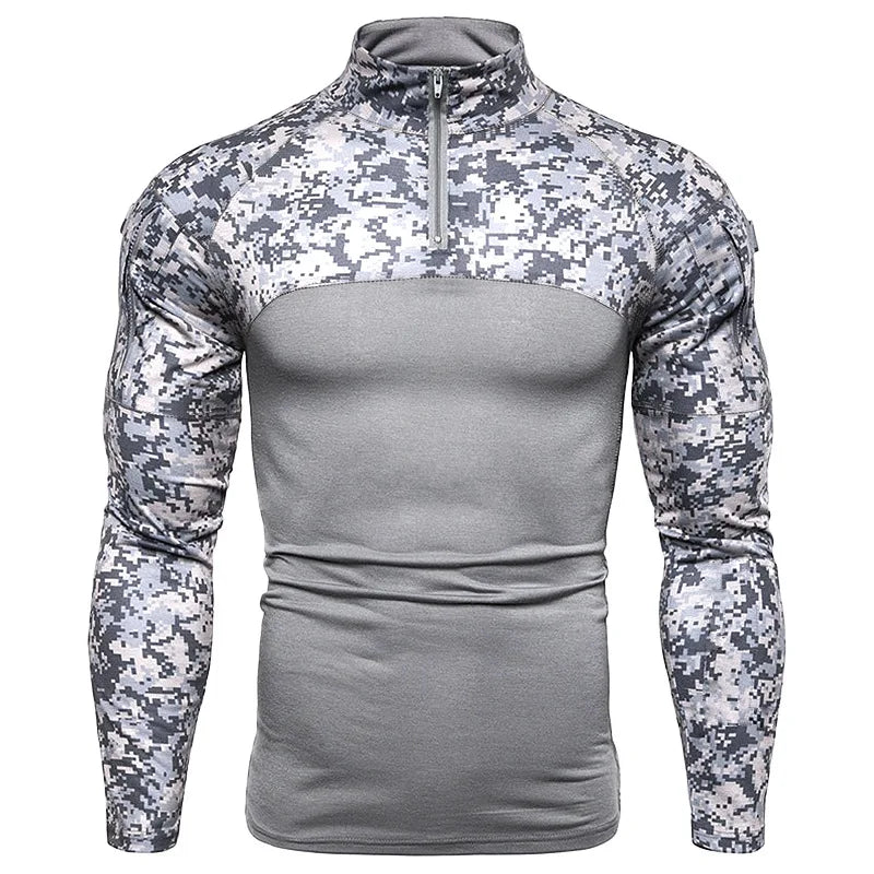 Men's Long Sleeve Camo Tactical T-Shirt, elastic Zip Pocket Gym Shirt