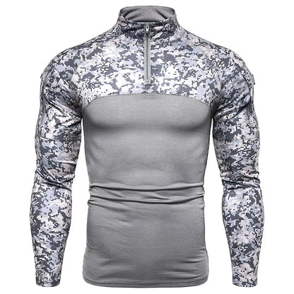 Men's Long Sleeve Camo Tactical T-Shirt, elastic Zip Pocket Gym Shirt
