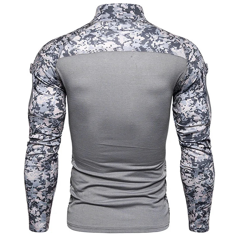 Men's Long Sleeve Camo Tactical T-Shirt, elastic Zip Pocket Gym Shirt