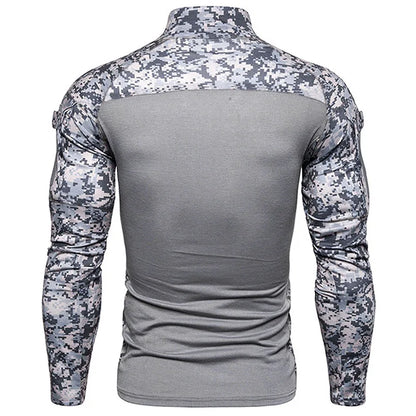 Men's Long Sleeve Camo Tactical T-Shirt, elastic Zip Pocket Gym Shirt