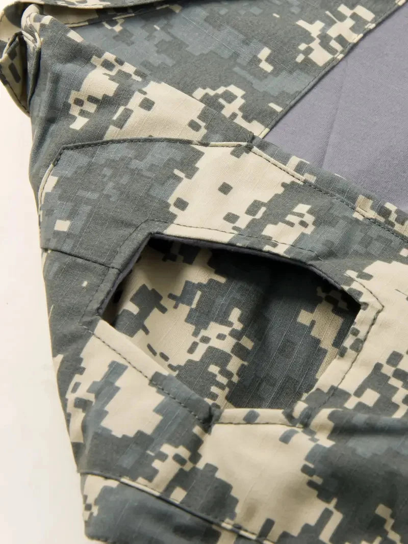Men's Long Sleeve Camo Tactical T-Shirt — Elastic Zip Pocket Gym Shirt