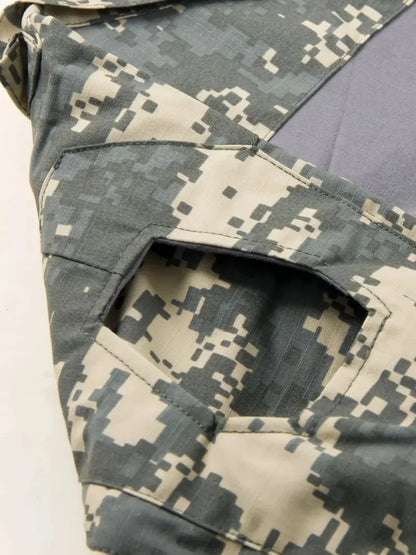 Men's Long Sleeve Camo Tactical T-Shirt — Elastic Zip Pocket Gym Shirt