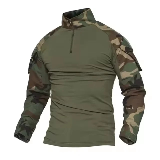 Men's Long Sleeve Camo Tactical T-Shirt — Elastic Zip Pocket Gym Shirt