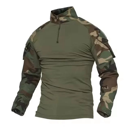 Men's Long Sleeve Camo Tactical T-Shirt — Elastic Zip Pocket Gym Shirt