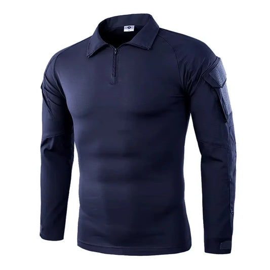 Men's Long Sleeve Camo Tactical T-Shirt — Elastic Zip Pocket Gym Shirt