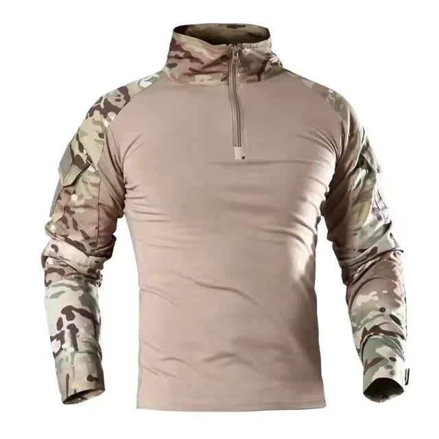 Men's Long Sleeve Camo Tactical T-Shirt — Elastic Zip Pocket Gym Shirt