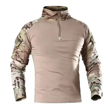 Men's Long Sleeve Camo Tactical T-Shirt — Elastic Zip Pocket Gym Shirt