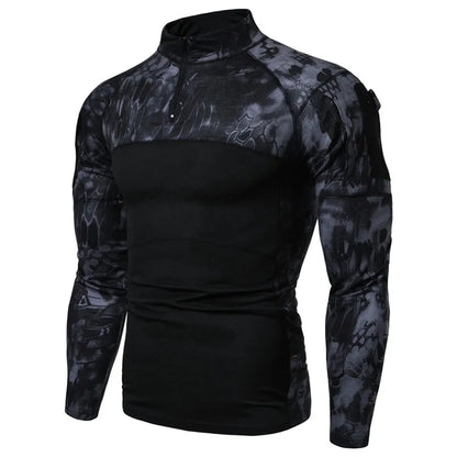 Men's Long Sleeve Camo Tactical T-Shirt, elastic Zip Pocket Gym Shirt