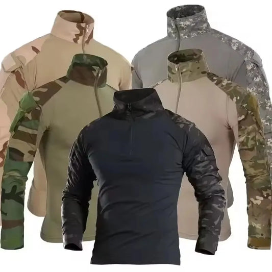 Men's Long Sleeve Camo Tactical T-Shirt — Elastic Zip Pocket Gym Shirt