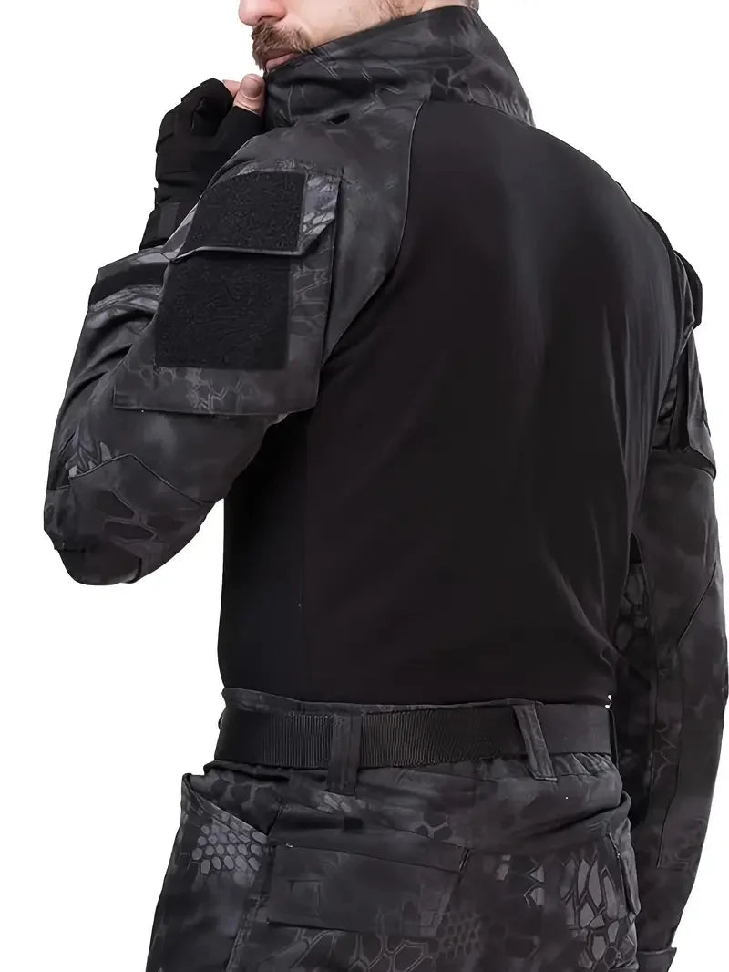 Men's Long Sleeve Camo Tactical T-Shirt — Elastic Zip Pocket Gym Shirt