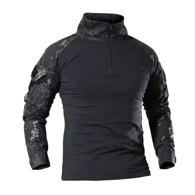 Men's Long Sleeve Camo Tactical T-Shirt — Elastic Zip Pocket Gym Shirt