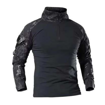 Men's Long Sleeve Camo Tactical T-Shirt — Elastic Zip Pocket Gym Shirt