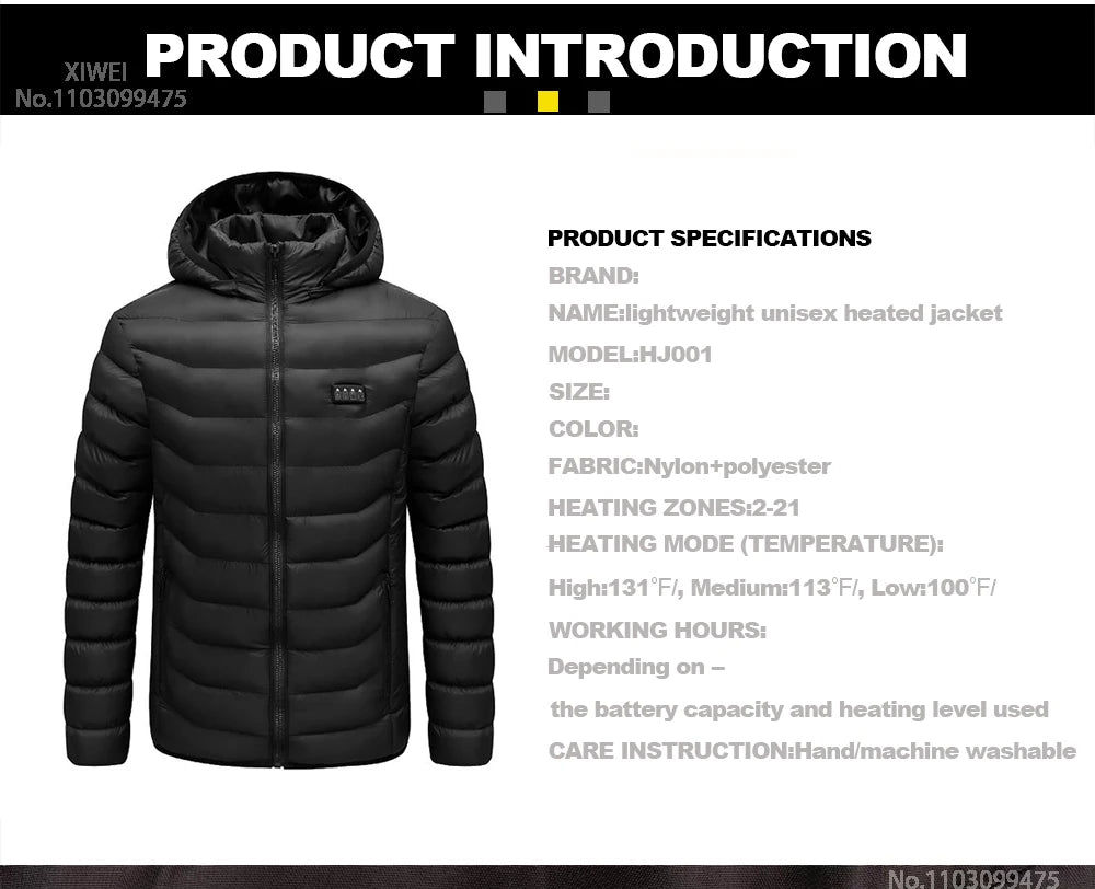 USB Electric Heated Jacket,2-21 Heating Zones