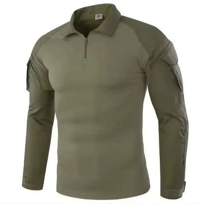 Men's Long Sleeve Camo Tactical T-Shirt — Elastic Zip Pocket Gym Shirt