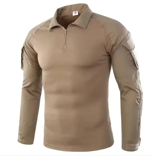 Men's Long Sleeve Camo Tactical T-Shirt — Elastic Zip Pocket Gym Shirt