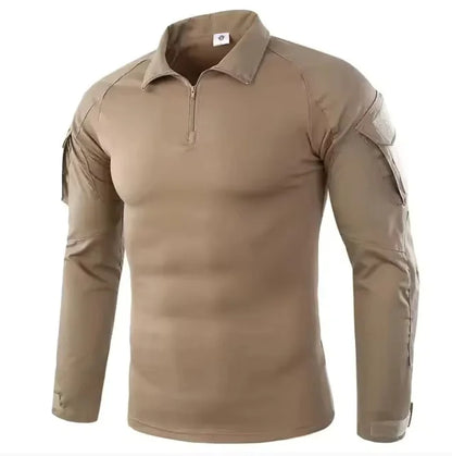 Men's Long Sleeve Camo Tactical T-Shirt — Elastic Zip Pocket Gym Shirt