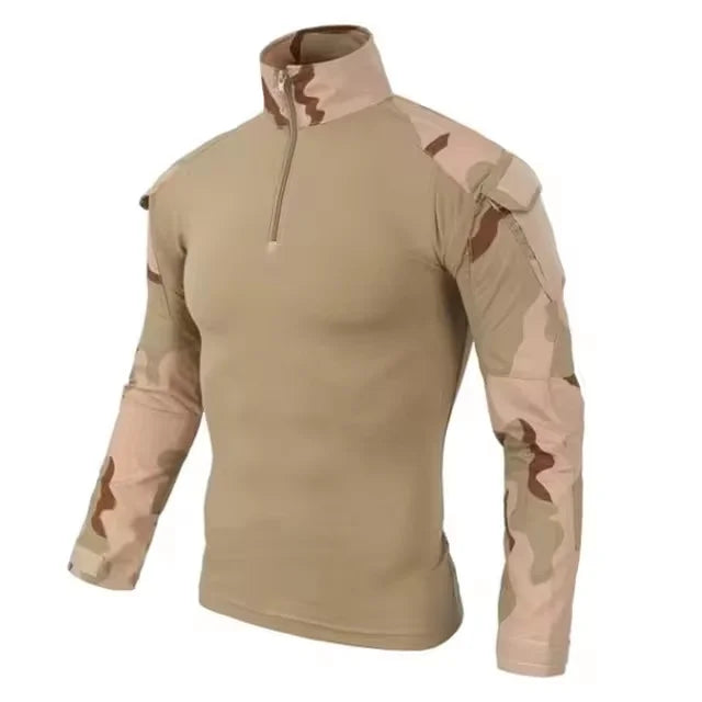 Men's Long Sleeve Camo Tactical T-Shirt — Elastic Zip Pocket Gym Shirt