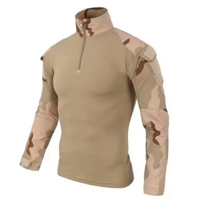 Men's Long Sleeve Camo Tactical T-Shirt — Elastic Zip Pocket Gym Shirt