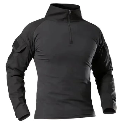 Men's Long Sleeve Camo Tactical T-Shirt — Elastic Zip Pocket Gym Shirt