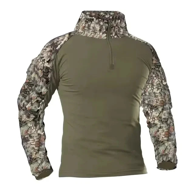 Men's Long Sleeve Camo Tactical T-Shirt — Elastic Zip Pocket Gym Shirt
