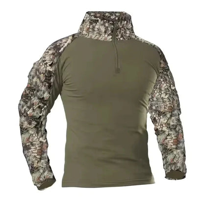 Men's Long Sleeve Camo Tactical T-Shirt — Elastic Zip Pocket Gym Shirt