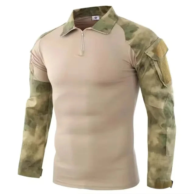 Men's Long Sleeve Camo Tactical T-Shirt — Elastic Zip Pocket Gym Shirt
