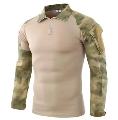 Men's Long Sleeve Camo Tactical T-Shirt — Elastic Zip Pocket Gym Shirt