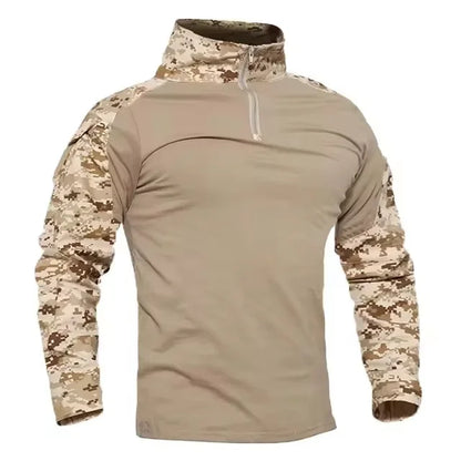Men's Long Sleeve Camo Tactical T-Shirt — Elastic Zip Pocket Gym Shirt