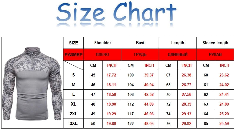 Men's Long Sleeve Camo Tactical T-Shirt, elastic Zip Pocket Gym Shirt