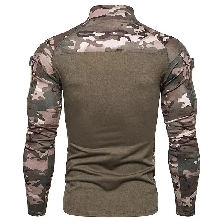 Men's Long Sleeve Camo Tactical T-Shirt, elastic Zip Pocket Gym Shirt