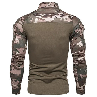 Men's Long Sleeve Camo Tactical T-Shirt, elastic Zip Pocket Gym Shirt