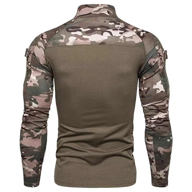 Men's Long Sleeve Camo Tactical T-Shirt, elastic Zip Pocket Gym Shirt