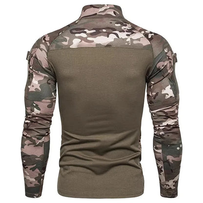Men's Long Sleeve Camo Tactical T-Shirt, elastic Zip Pocket Gym Shirt