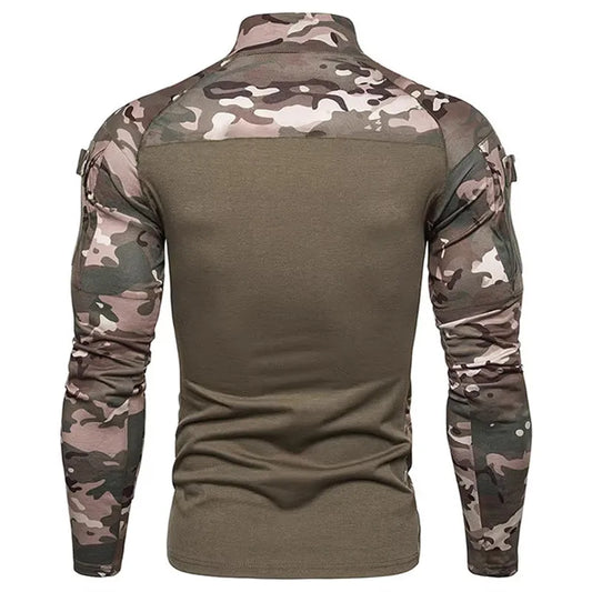 Men's Long Sleeve Camo Tactical T-Shirt, elastic Zip Pocket Gym Shirt
