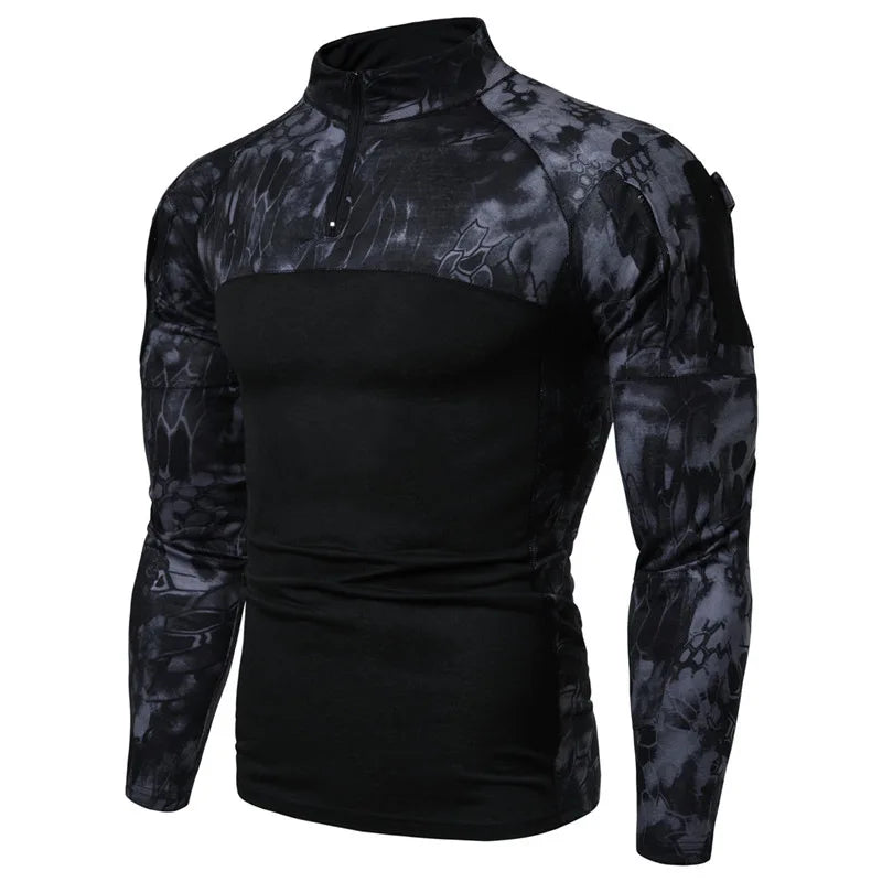 Men's Long Sleeve Camo Tactical T-Shirt, elastic Zip Pocket Gym Shirt