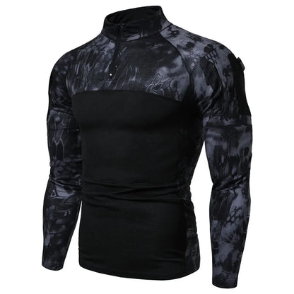 Men's Long Sleeve Camo Tactical T-Shirt, elastic Zip Pocket Gym Shirt