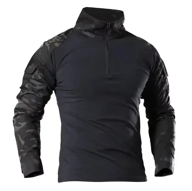 Men's Long Sleeve Camo Tactical T-Shirt — Elastic Zip Pocket Gym Shirt