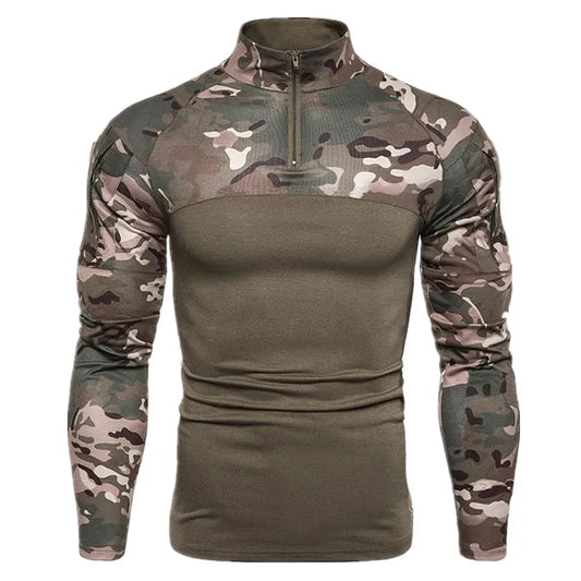 Men's Long Sleeve Camo Tactical T-Shirt, elastic Zip Pocket Gym Shirt